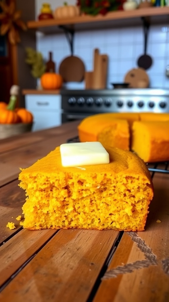 A slice of pumpkin cornbread with butter on a wooden table, surrounded by autumn decor.